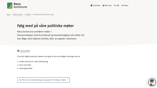 Formannskapet i Rana har sitt siste møte før sommeren kommende tirsdag 7. juni. Sakene som skal behandles finner du her: einnsyn.rana.kommune.no/einnsyn/Dmb/Dm…
Formannskapets møte kan du følge på kommune-TV: rana.kommunetv.no/live