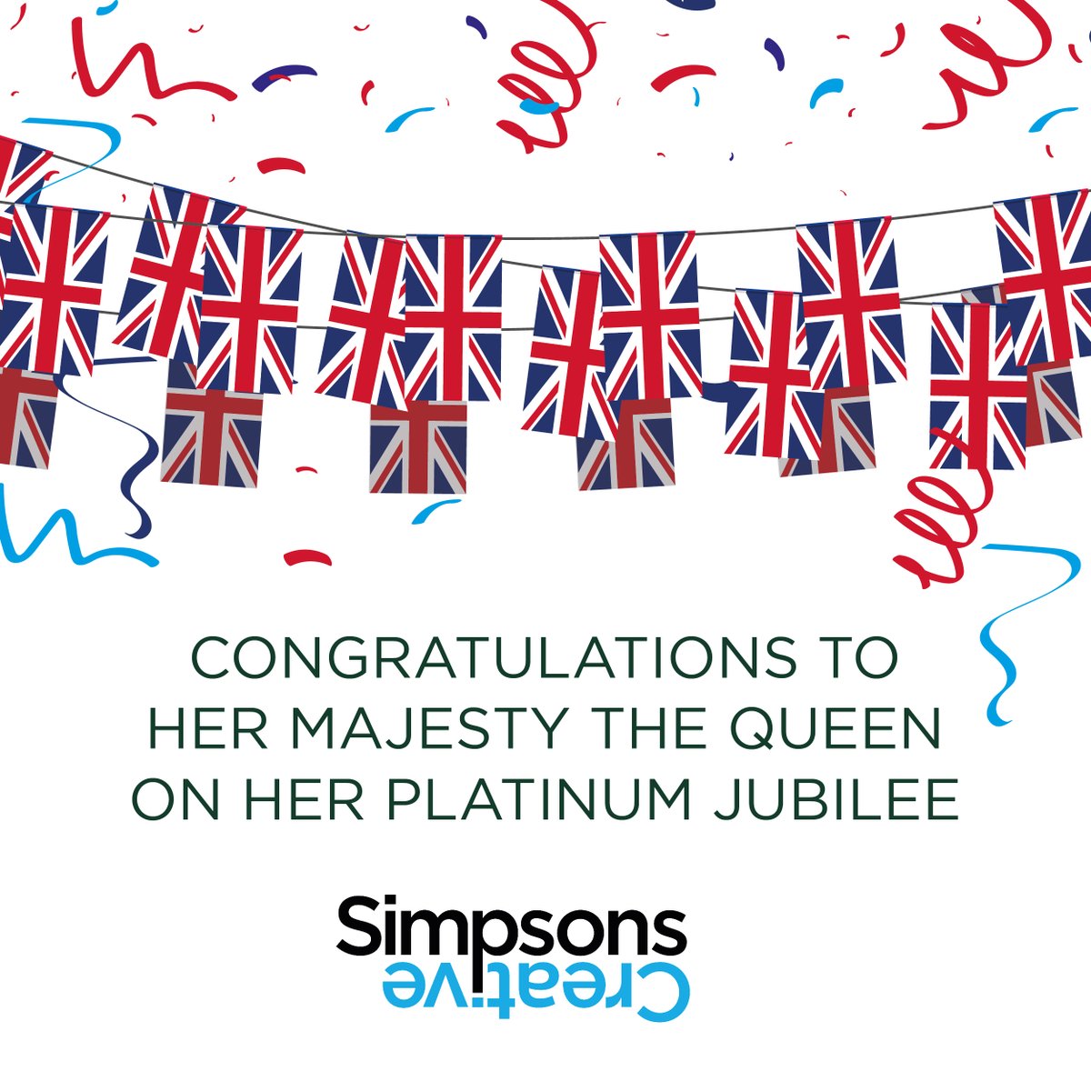 SimpsonsCreate's tweet image. Everyone at Simpsons Creative would like to join the rest of the United Kingdom in congratulating Her Majesty The Queen.

#BankHoliday #PlatinumJubilee