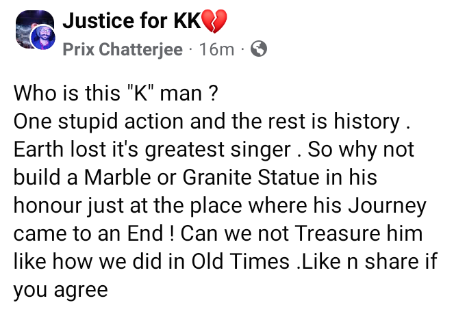 NASKAR_008's tweet photo. I think this is our duty to give him a proper tribute, a tribute to keep him alive between us. Please come forward and try to make this possible together ๐ซ๐๐๐๐ป
#JusticeForKK #kkdeath #KKLIVE #KKforever https://t.co/3uBIS0FLlF