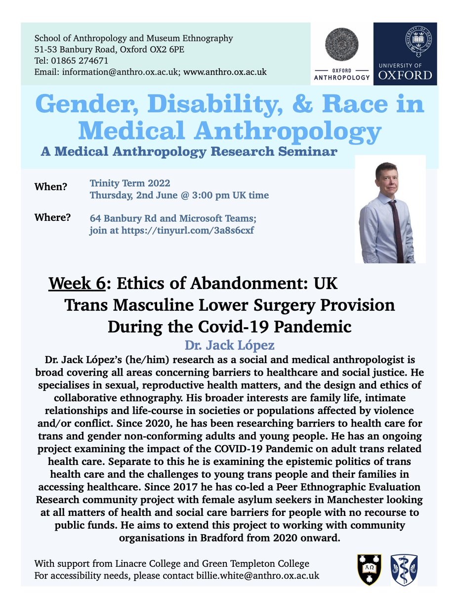 We are so excited for our talk today at 3 PM UK time by <a href="/anthroLopez/">@docjacklopez on Threads</a>, titled 'Ethics of Abandonment: UK Trans Masculine Lower Surgery Provision During the Covid-19 Pandemic'

More information on poster attached! See you there!