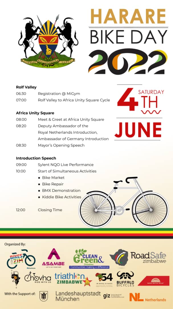 NLinZimbabwe's tweet photo. Friday 3 June is #WorldBicycleDay 🚴‍♀️ We are happy to be supporting events in #Harare. 

Join us on Sat 4th as we celebrate cycling &amp; its role in an inclusive green future:
- Group ride (Rolf Valley➡️Africa Unity Square)
- Cycling Fair, car-free 'green route' in CBD
#familyfun 🚲 https://t.co/ejtgoWdB12