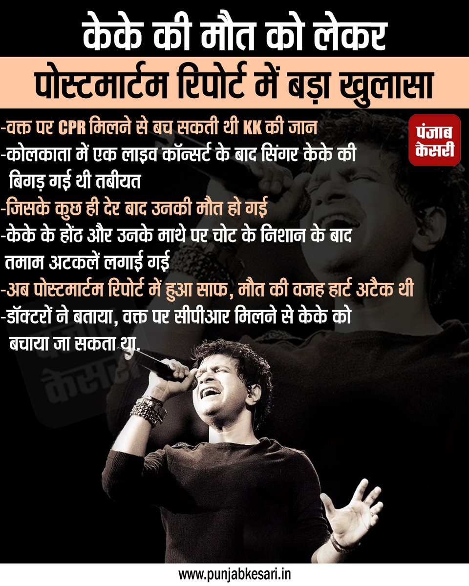 punjabkesari's tweet photo. केके की मौत को लेकर पोस्टमार्टम रिपोर्ट में बड़ा खुलासा
#singerkkdeath #singerkkpostmortemreport #cpr #heartattack #Punjabkesari https://t.co/vif4QIJJ0f