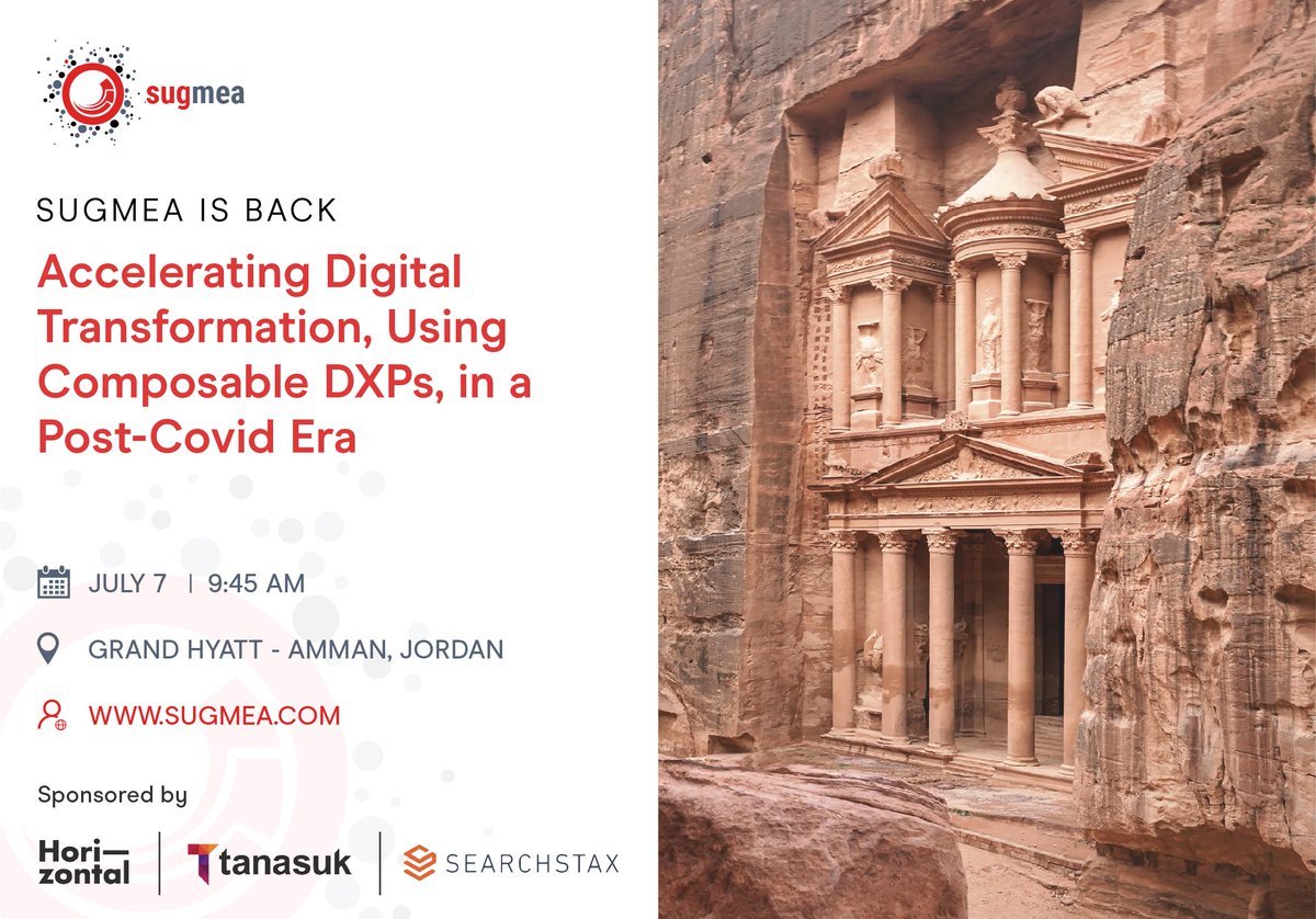 TanasukTech's tweet image. #SUGMEA will be landing in Amman for the first time ever! We kick off this year&apos;s event in beautiful Amman discussing Accelerating Digital Transformation Using Composable DXPs.

Make sure to register here: sugmea.com