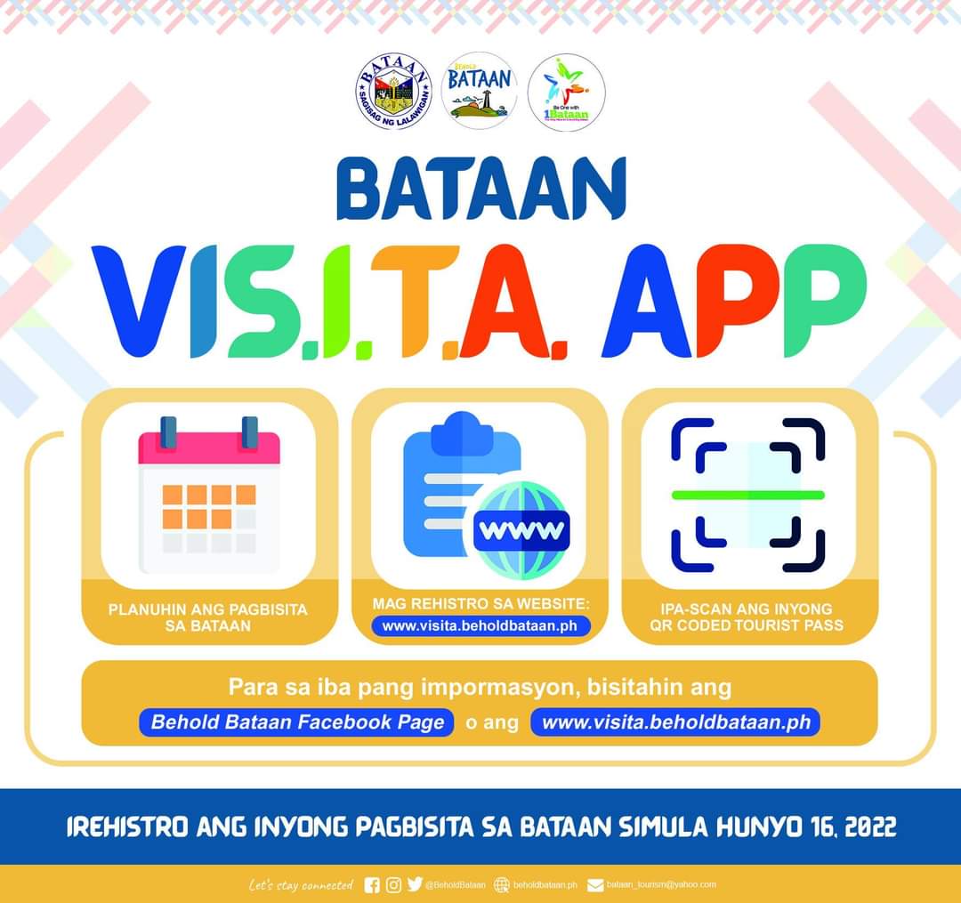 BeholdBataan's tweet photo. Register your travel at the BATAAN Visitor Information and Travel Assistant (VIS.I.T.A.) 
Scanning of Bataan VIS.I.T.A. QTPs at the Bataan Tourism Center or accommodation establishments will start on June 16, 2022. Click the link and watch the video: https://t.co/U1hdChfZIM https://t.co/l0ZhZ45PhI