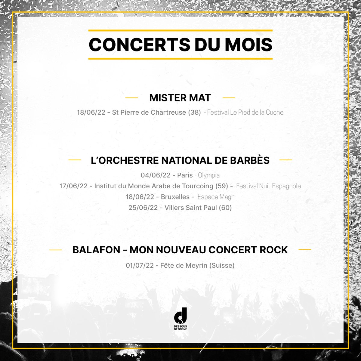 L'#agenda du mois est là 💥
Retrouvez le #MisterMat en concert solo en festival, l'Orchestre National de Barbès en forme sur 4 dates (dont l'Olympia à Paris pour l'évènement One Night In Algeria et le groupe Balafon pour un #concert estival dans cette dernière tournée!
#livemusic