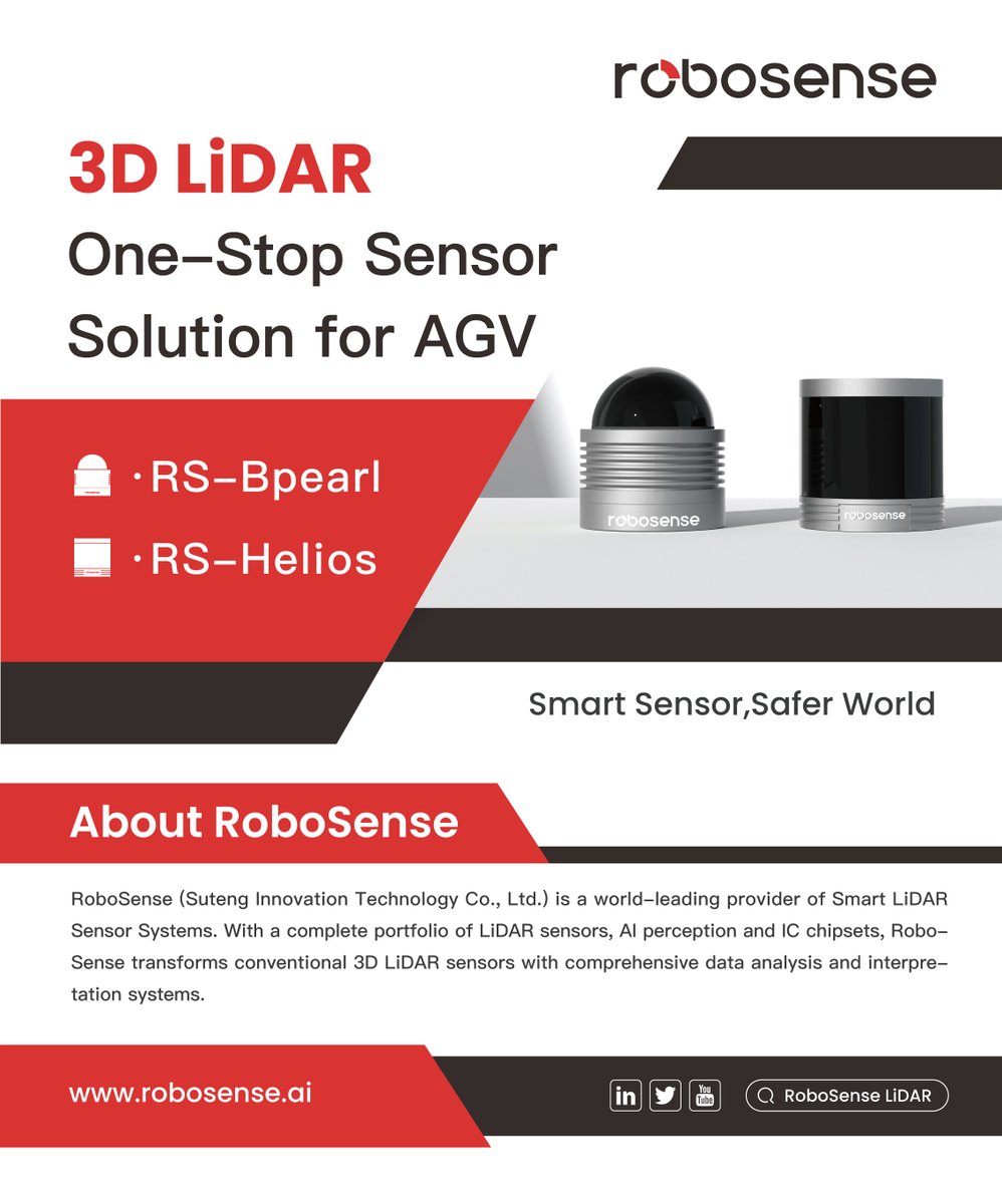 RoboSenseLiDAR's tweet image. #logimat2022
Let&apos;s know more about our One-Stop Sensor Solution for #AGV
*RS-Bpearl- A new generation of 32-beam LiDAR
*RS-Helios- Short-range blind-spot LiDAR
