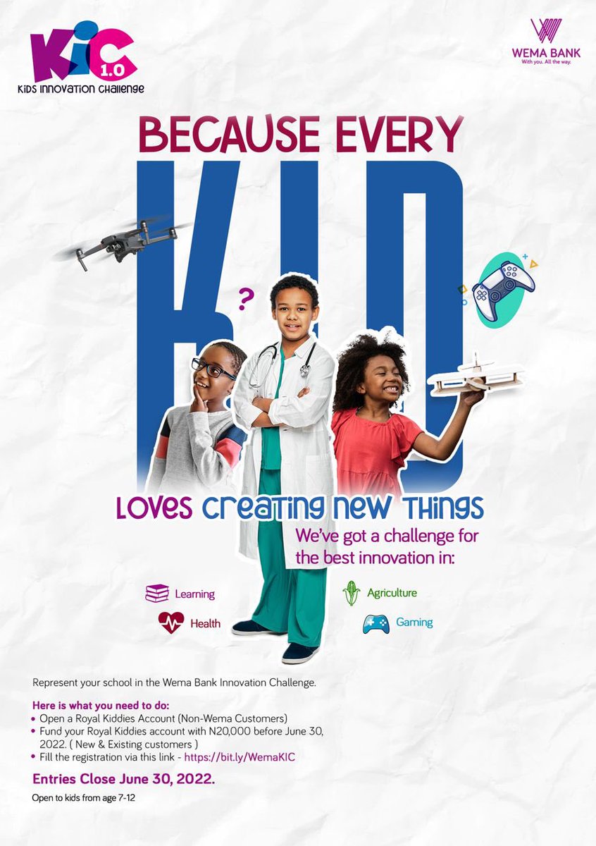 The Wema Kids Innovation Challenge challenge offers kids aged 7-12 an opportunity to create a solution for: •Learning •Agriculture •Gaming •Health The challenge will help children explore their innovative and imaginative skills while learning tech skills early … aa