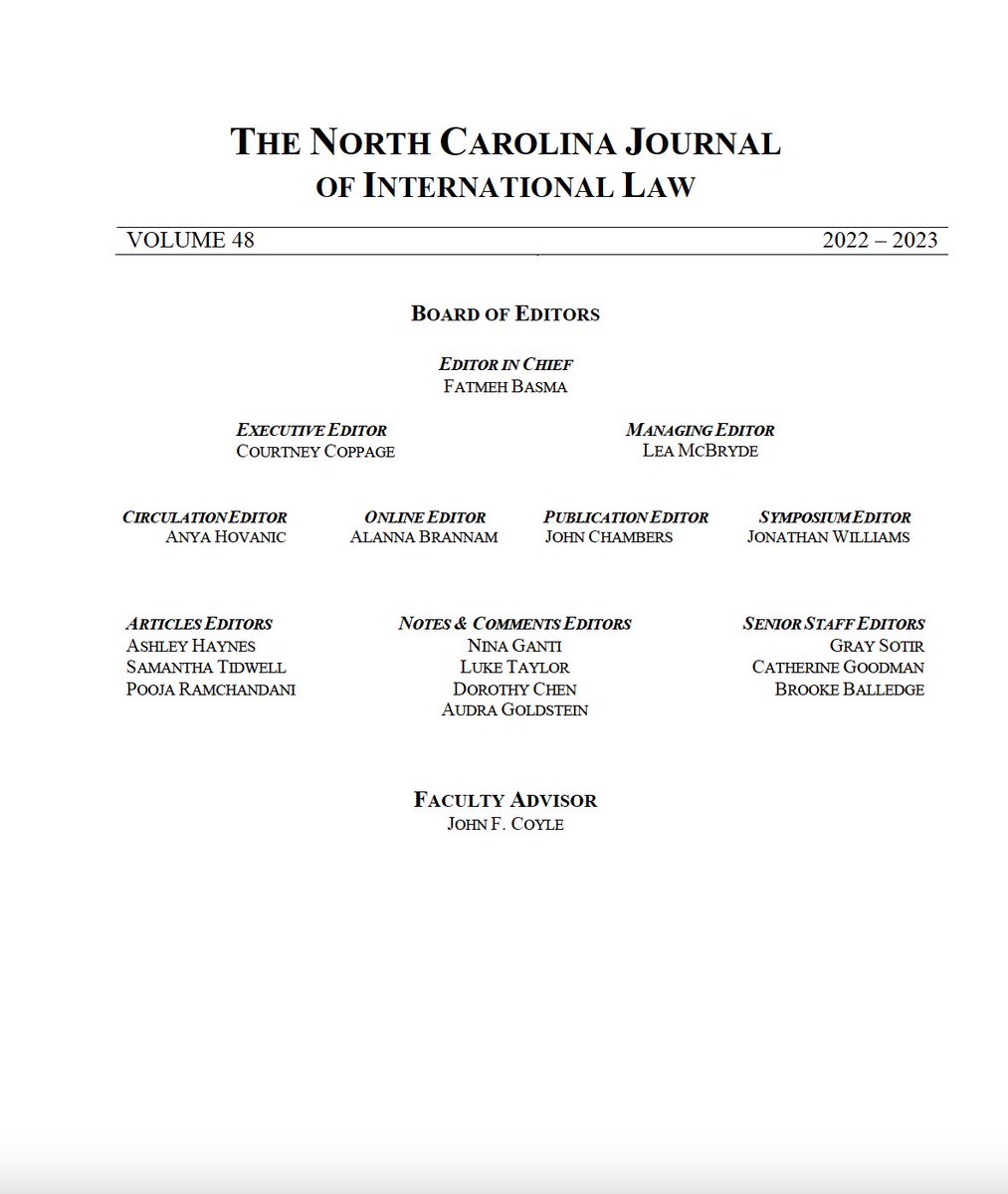 NC_JIL's tweet photo. The North Carolina Journal of International Law is proud to present its Volume 48 editorial board! Congratulations to these dedicated and talented students. https://t.co/hclh11xNke