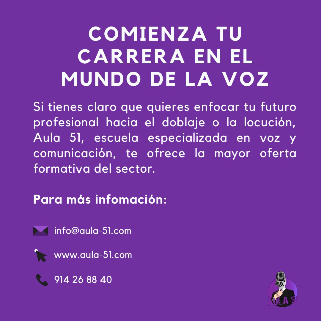 Aula512's tweet photo. 🎙️Curso BIANUAL -  Locución y Doblaje (NUEVAS FECHAS)

Grupo 1: 14 de Junio (16:00 a 20:00)
Grupo 2: 17 de Junio (16:00 a 20:00)

⏰ +300 horas lectivas.
📚 +20 Asignaturas.
🗣 +15 Profesores.

Para más información:
📞 91 426 88 40
🌐 https://t.co/rtQa11hZHd
✉️ info@aula-51.com https://t.co/KOHRIgt9z6