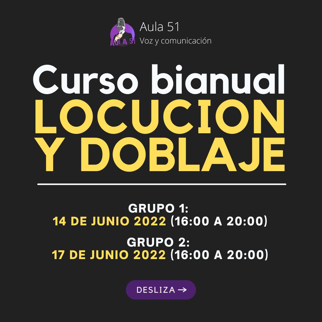 Aula512's tweet photo. 🎙️Curso BIANUAL -  Locución y Doblaje (NUEVAS FECHAS)

Grupo 1: 14 de Junio (16:00 a 20:00)
Grupo 2: 17 de Junio (16:00 a 20:00)

⏰ +300 horas lectivas.
📚 +20 Asignaturas.
🗣 +15 Profesores.

Para más información:
📞 91 426 88 40
🌐 https://t.co/rtQa11hZHd
✉️ info@aula-51.com https://t.co/KOHRIgt9z6