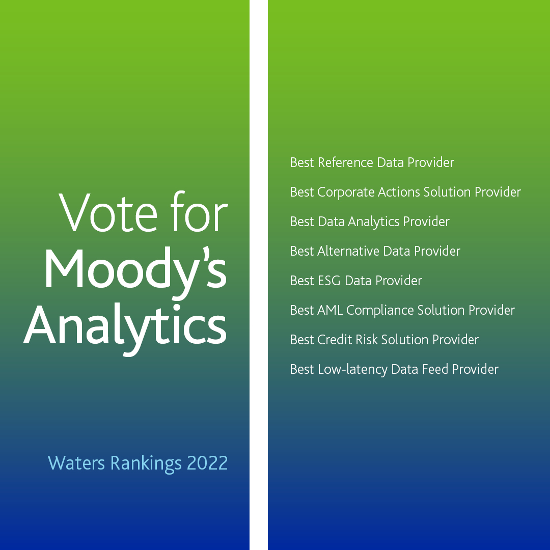 Moody’s Analytics is honored to be shortlisted in eight categories at the Waters Rankings 2022. Have your say here: mdy.link/3x8Z7Mw

#RiskManagement #Data #AML #ESG