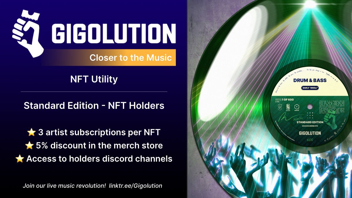 🚨Gigolution NFT Utility🚨 
🎟️Standard Edition - NFT Holders🎟️
#CNFT #CNFTCommunity #cnftproject #Cardano #CNFTdrop #ADA #Gigolution #vinylcollection #NFTutility