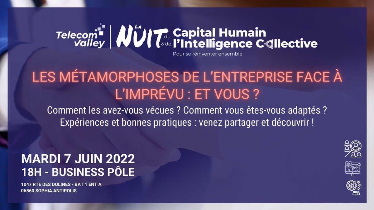 TelecomValley's tweet image. 📌📅Vous souhaitez partager votre expérience sur les nouveaux modes de fonctionnement  de l'entreprise dans une logique d'intelligence collective 🤝? Alors rejoignez-nous lors de la #NUITCHIC de @TelecomValley le 7 juin ✨! Programme &amp;amp; Inscription 👇👇👇ow.ly/TcXV50Jo72n
