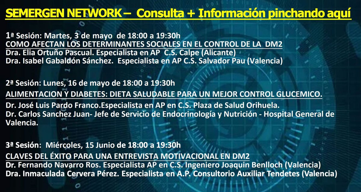 SEMERGEN_CV's tweet photo. 🔜 15 Junio a las 18:00 #SEMERGENnetwork
👁🗨 CLAVES DEL ÉXITO PARA UNA ENTREVISTA MOTIVACIONAL EN DM2 con @Inma_Cervera y @navarro_fm
✍️ https://t.co/un7mGfP37V https://t.co/vNMmkbf87Q