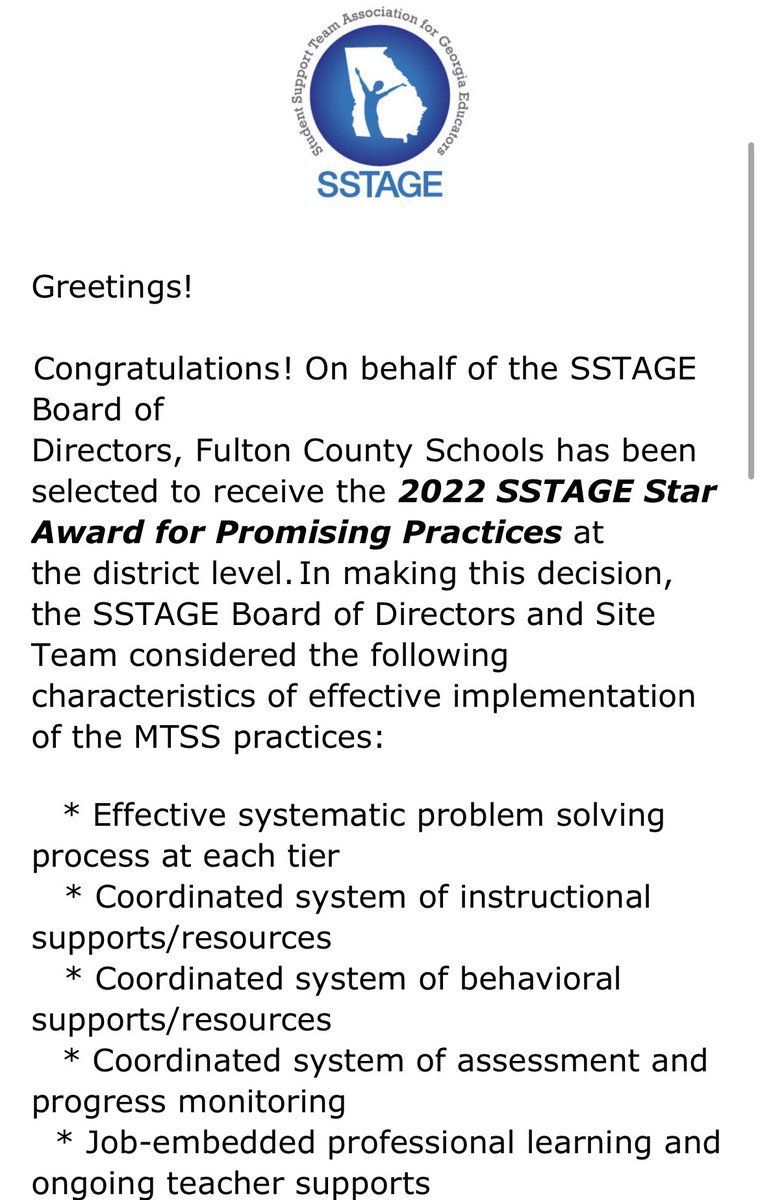 nicole__webb's tweet photo. We are winners baby!!! This is a huge honor for our OSS Team and FCS! Hard work does not go unnoticed. #MTSS Thank you @GaSSTAGE! https://t.co/XfeQsFpj7o