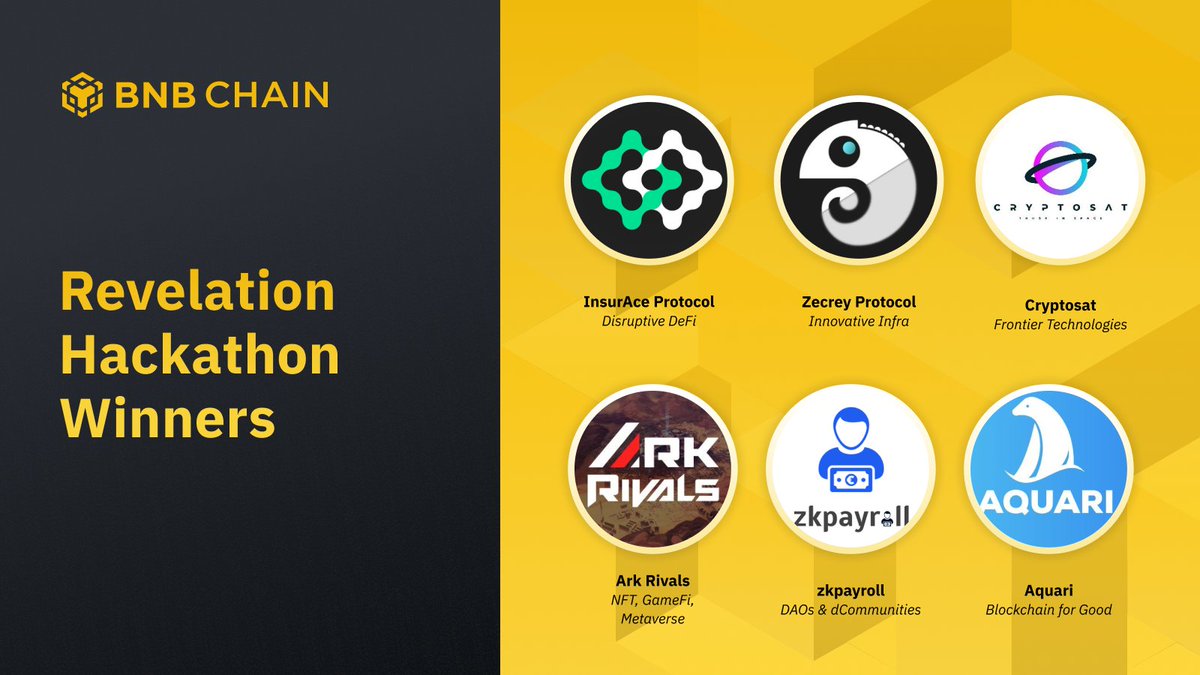 Did you catch the winners of the #BNBChain Revelation Hackathon? 🥳

Congratulations to <a href="/InsurAce_io/">InsurAce - Make DeFi Safer</a>, <a href="/zecreyprotocol/">Alias</a>, <a href="/cryptosat/">Cryptosat</a>, <a href="/Ark_Rivals/">Ark Rivals</a>, zkpayroll &amp; <a href="/AquariOfficial/">Aquari</a>, and thanks to all the projects who participated! 👏