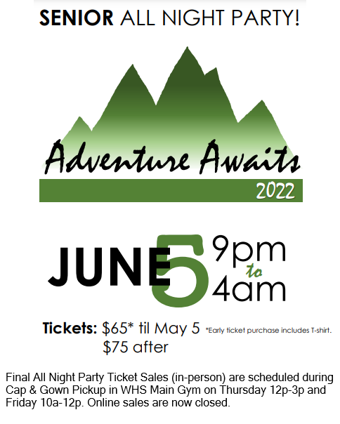 sr_whs's tweet photo. The Final All Night Party Ticket Sales (in-person) are scheduled during Cap &amp; Gown Pickup in WHS Main Gym on Thursday 12p-3p and Friday 10a-12p. Online sales are now closed. Printable form at https://t.co/9XSZy5aSGd https://t.co/9CIyHdlU4s