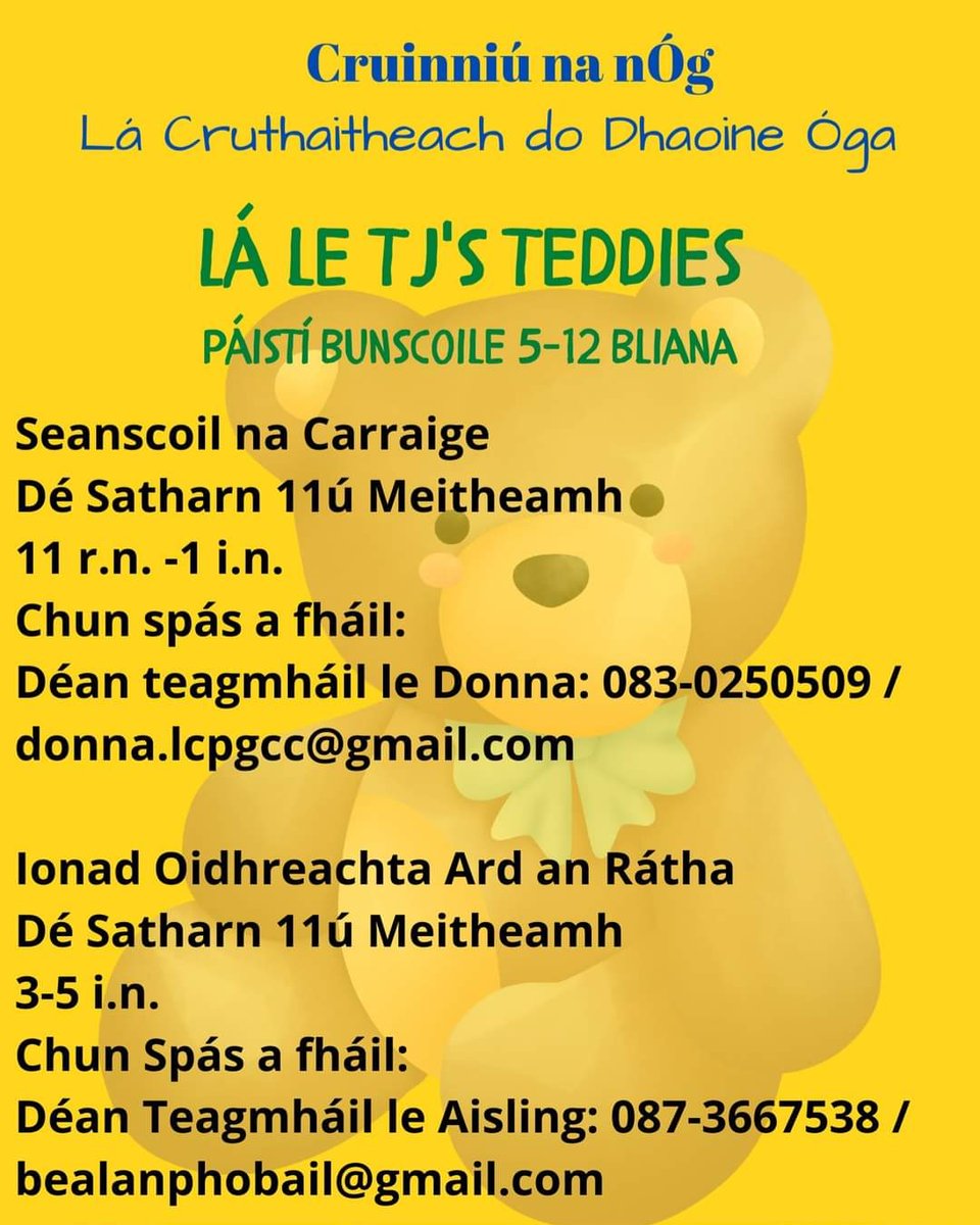 bealanphobail's tweet photo. 🐻🐻 TJ's Teddies 🐻🐻
Tá muid ar bís! Beidh Tj's Teddies Children Entertainment ag teacht ar cuairt go an Charraig &amp; Ard an Rátha! Deis do pháistí teidí a dhéanamh agus i nGaeilge! 😍

#SeoíanGhaeltacht #cruinniunanog https://t.co/07syGpfSZJ