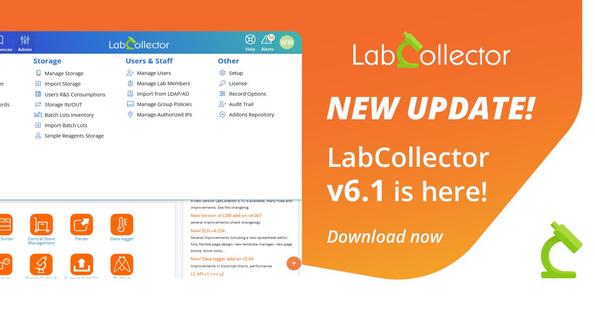agilebio's tweet image. GREAT NEWS!🎉 #LabCollector 6.1 is here !
🌈Change your instance colors
📖 Create detailed recipes
🌍 Add different languages to your custom fields
⬇️ Import data massively and much more!
Download this #NewVersion to enjoy all these new features!
buff.ly/3wZXfV3