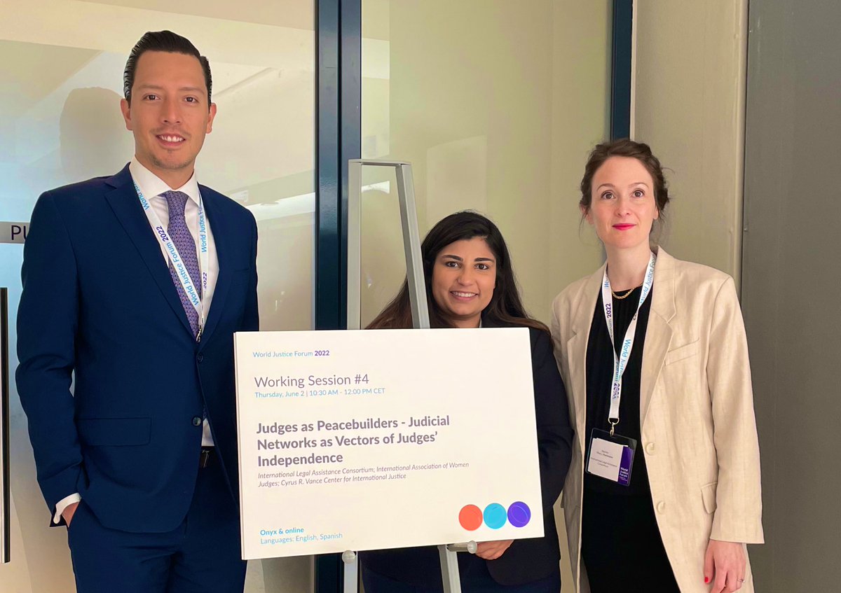 ILAC_rebuild's tweet photo. Big thanks to our members @VanceCenter &amp; @IntlWomenJudges for co-hosting the Judges as Peacebuilders session with us at the #WJForum. Congratulations and special thanks to our member @TheWJP for organising this important forum that contributes to building more just communities. https://t.co/dWYVoME7PW