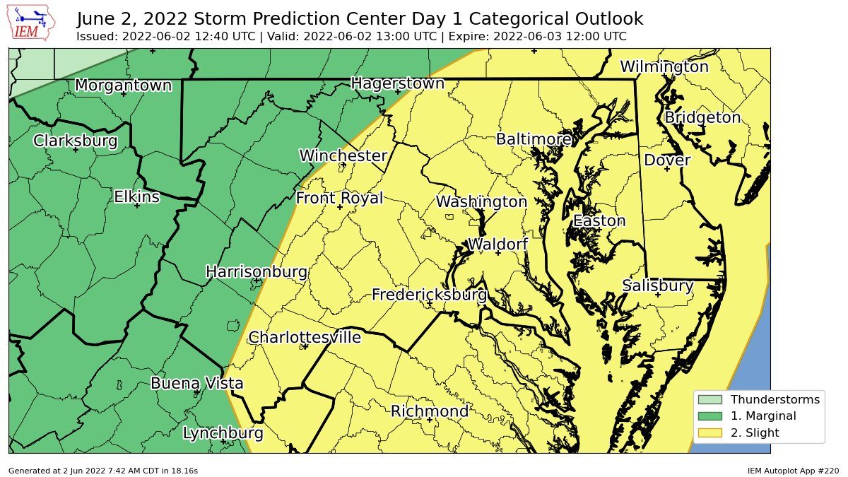 SPC issues Day 1 Slight Convective Risk at Jun 2, 12:40z for LWX spc.noaa.gov/products/outlo…