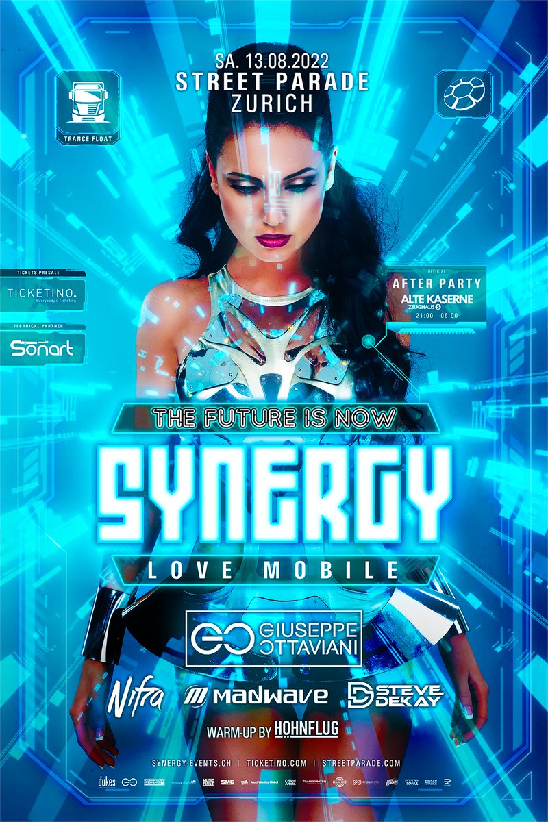 On Saturday 13 August, on board our <a href="/streetparadeZH/">Street Parade Zürich</a> float, we will take you nowhere but into the present, because "The Future is Now"!

★ <a href="/GOttaviani/">Giuseppe Ottaviani</a> 🇮🇹
★ <a href="/Nifra/">Nifra</a> 🇸🇰 🇳🇱
★ <a href="/stevedekay/">Steve Dekay</a> 🇦🇷
★ @djmadwave🇨🇭 
★ Höhnflug🇨🇭

ℹ️  Infos &amp; Tickets (phase 1) → bit.ly/streetparade20…