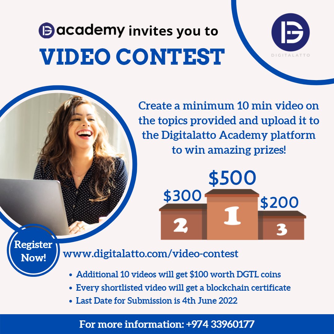 DigitalattoA's tweet photo. Showcase Your Talent &amp; Become a Star Trainer

Create a video of minimum 10 mins duration on the topics provided and upload it to the Digitalatto Academy platform and win amazing prizes!

1st prize: $500
2nd prize: $300
3rd prize: $200

Visit https://t.co/qnXMbLDrO6

#digitalatto https://t.co/DIn8bDOlIv