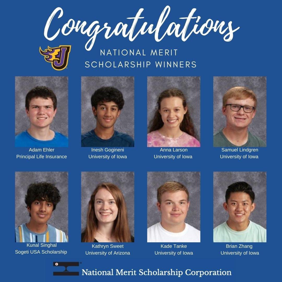 Congratulations to eight recent graduates of Johnston High School — Adam Ehler, Inesh Gogineni, Anna Larson, Samuel Lindgren, Kunal Singhal, Kathryn Sweet, Kade Tanke and Brian Zhang — who received National Merit scholarships! Read more: johnstoncsd.org/news/2022/06/n…