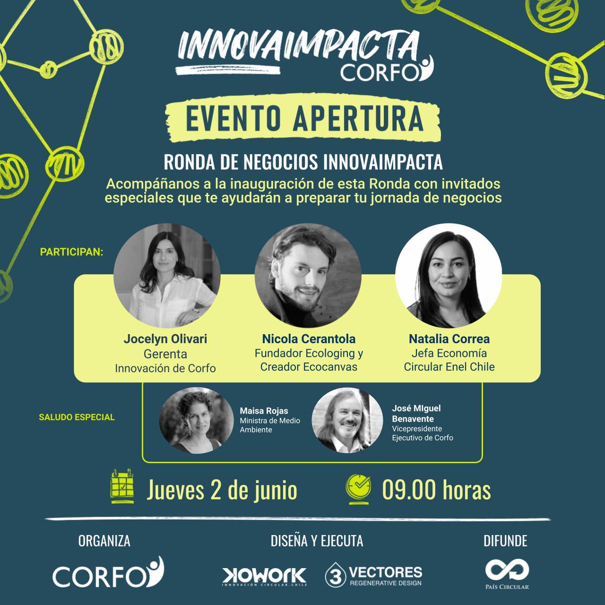 Corfo's tweet photo. 🎦 Quedan pocos minutos para comenzar las charlas de apertura de la ronda de negocios de Economía Circular #InnovaImpacta ♻️ Sé parte de este evento para construir un mundo más sustentable
Únete a la transmisión en https://t.co/WTSTgcK8Cy https://t.co/nohLtYWNDd