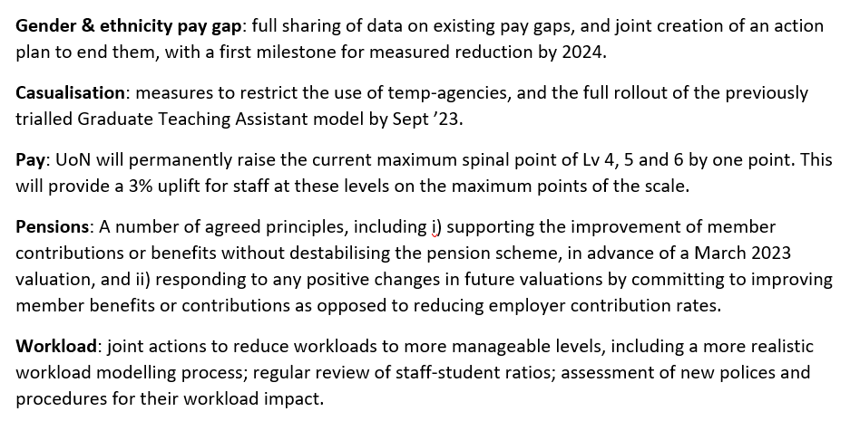 UoNUCU's tweet photo. We are very pleased to confirm that U Nottingham UCU and management have agreed a deal to end the marking boycott locally, and save students from further disruption. Key elements of the deal include: https://t.co/gBqFzc1sMv