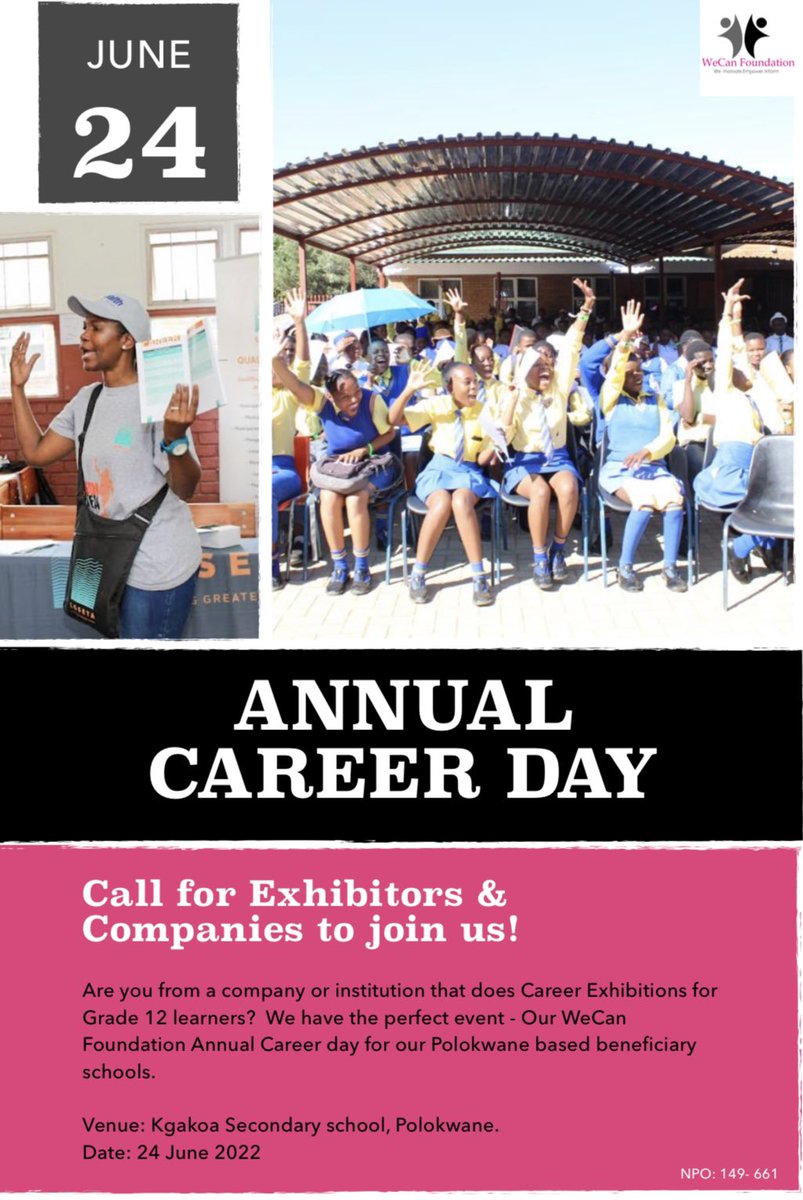 WecanF's tweet photo. It’s that time of the year! 

Our Annual Career Day takes place on 24th June this year. Calling all institutions &amp; companies who would like to join is as exhibitors on the day!

Get in touch with is to book you space!
#WeEducate #WeInform https://t.co/alw0Iq9PD1