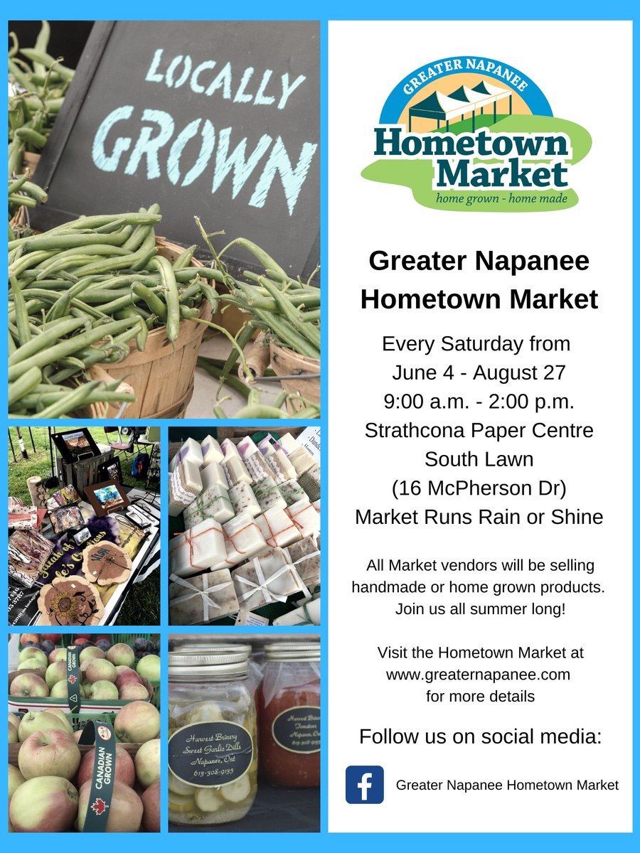 Our Greater Napanee Hometown Market season kicks off Saturday at 9 am outside of the Strathcona Paper Centre!
Join us for a wonderful day of shopping for handmade and home grown products from our local vendors!