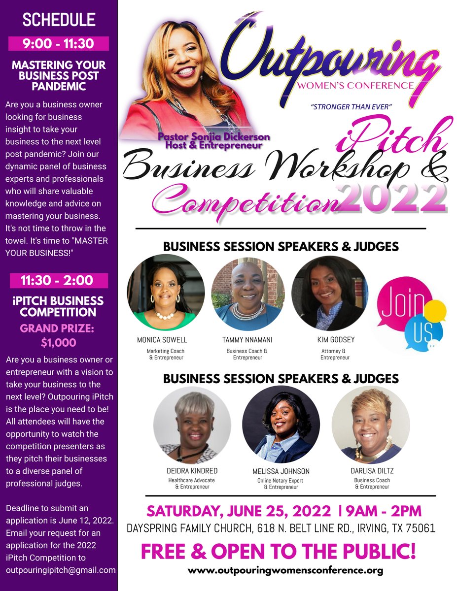pastorsonjia's tweet photo. We are excited about our Annual I-Pitch Business Workshop &amp; Competition June 25th! Sign up by June 12th!  This is a FREE event! #ipitch #outpouringwomensconference #outpouring2022 #pastorsonjia #sonjiadickerson https://t.co/x64rtWgzcb