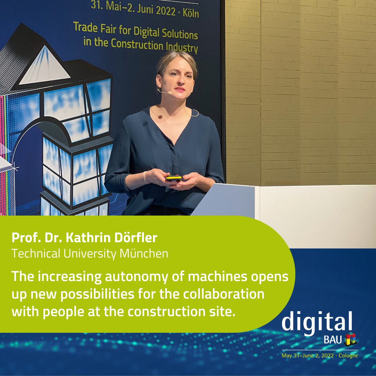 At this moment, Prof. Dr. Kathrin Dörfler is giving us a glimpse into the future of the collaboration between man and machine and the huge potential it holds for the #constructionindustry. It's worthwhile to come by!
#koelnmesse #digitalsolutions