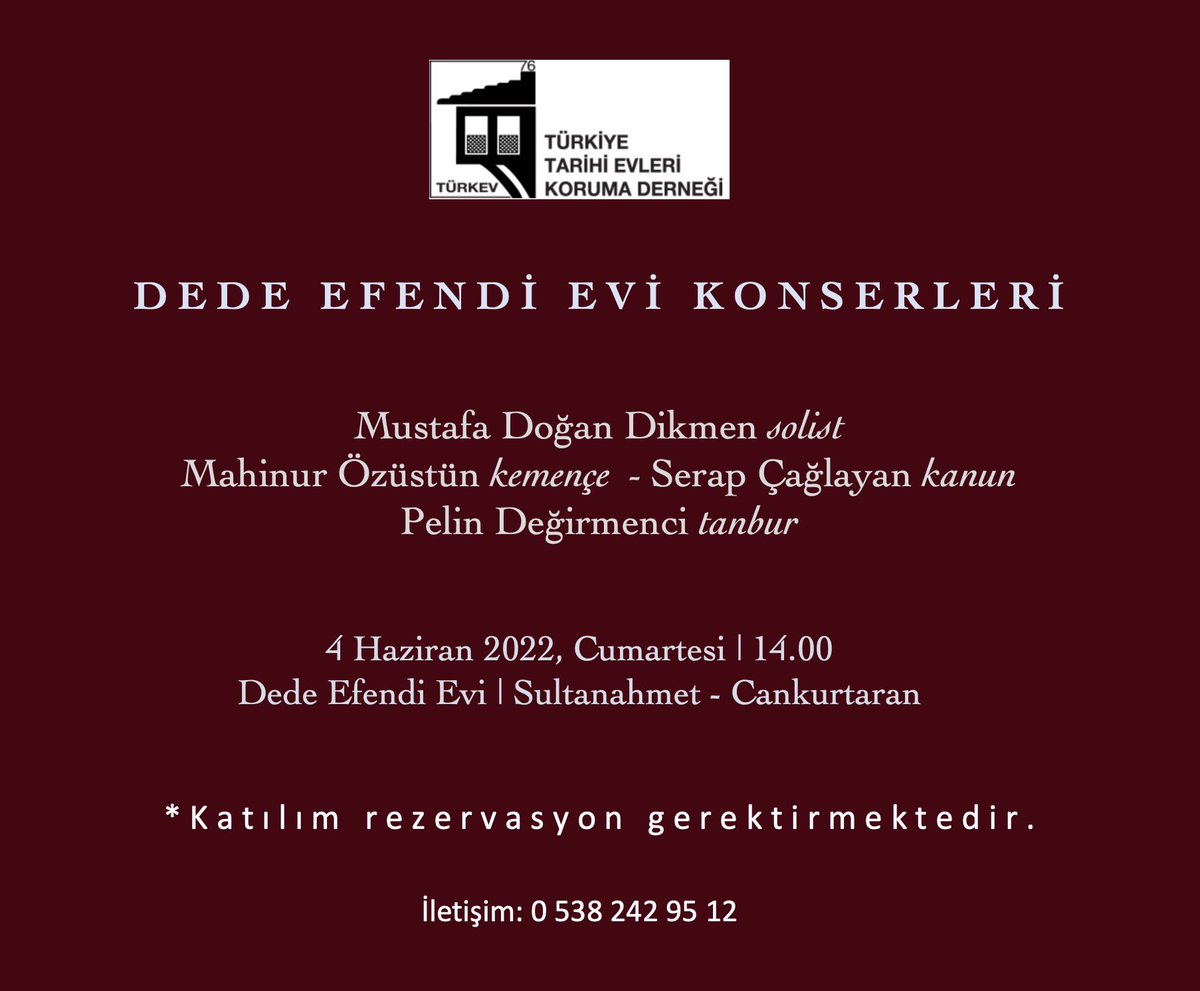 Dede Efendi Evi konserleri devam ediyor. Bu ayki repertuvarda Dede Efendi ve  öğrencilerinin eserleri var. Bu konserlerin en güzel yanı mikrofonsuz oluşu. Sadece 4 kişilik yerimiz kaldı. Katılmak isteyenler mesaj gönderebilirler.