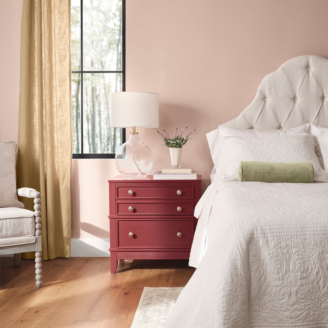 Deep reds and plums harmonize beautifully with neutral taupes, as shown in this lovely bedroom, styled with our European Countryside Color Collection. ​

Colors used: Sashay Sand and Borscht from our European Countryside Color Collection. Available exclusively at <a href="/Lowes/">Lowe's</a>.