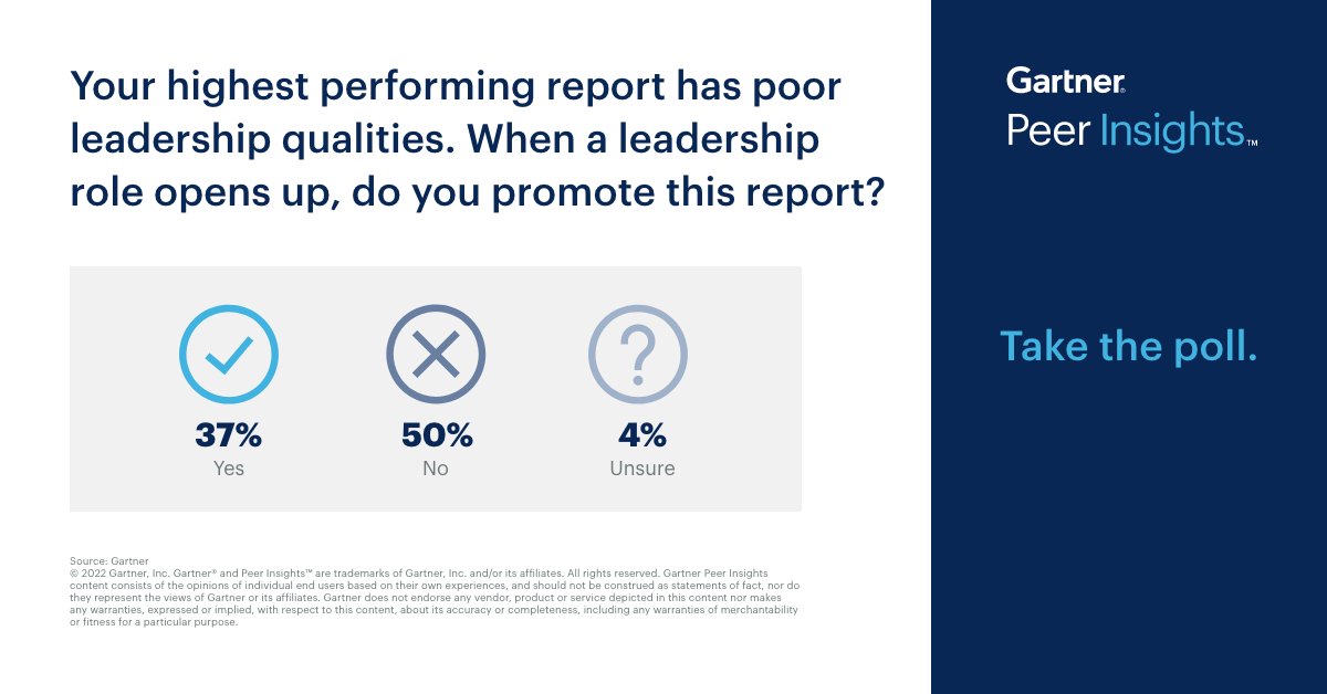 Gartner_Peer's tweet image. &quot;We have both a technical and a leadership career ladder.  Not every promotion is &apos;#leadership&apos; or #management.  What is this direct reports plans for their career?   Some people prefer to stay technical.&quot;

Take the poll and join the discussion ➡️ gtnr.it/3m6YnkM
