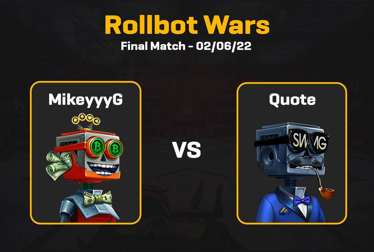 smokeylisa's tweet photo. The final of @rollbitcom Rollbot Wars is here! 🔥

We have @MikeyyCrypto facing off to the dreaded @QUOTMEIF and his coach @AyeZeeCasino 🥊

Vote on your pick for today's fight below! Drop a like, RT and tag 3 friends to win 1 of the 3 $20 giveaways this match❤️ https://t.co/2bxs4igIcc
