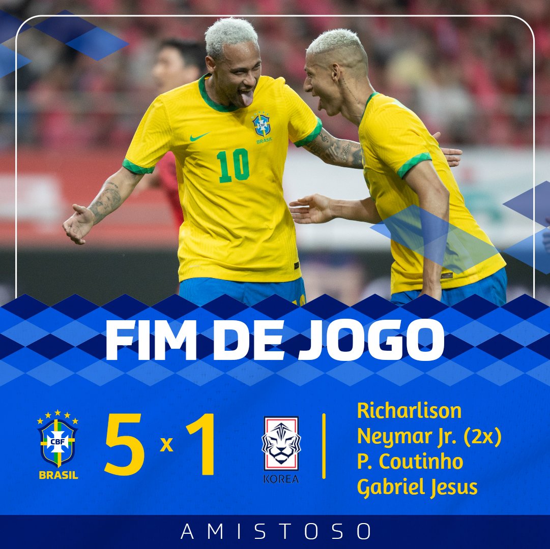 CBF Futebol on X: FIM DE JOGO! Brasil goleou a Coreia do Sul no primeiro  amistoso deste período de preparação. Vamos pra cima! 🇧🇷 5x1 🇰🇷