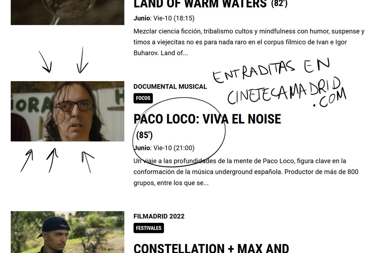 Se nos acaban los caracteres y al final no vamos a poder decir que #vivaelnoise se proyecta en <a href="/CinetecaMadrid/">Cineteca Madrid</a> la semana que viene y su director, Daniel Cervantes, estará allí. Aquí puedes pillar las entradas:
cinetecamadrid.com/programacion/p…
Pues eso, que la proyección es el próximo vier