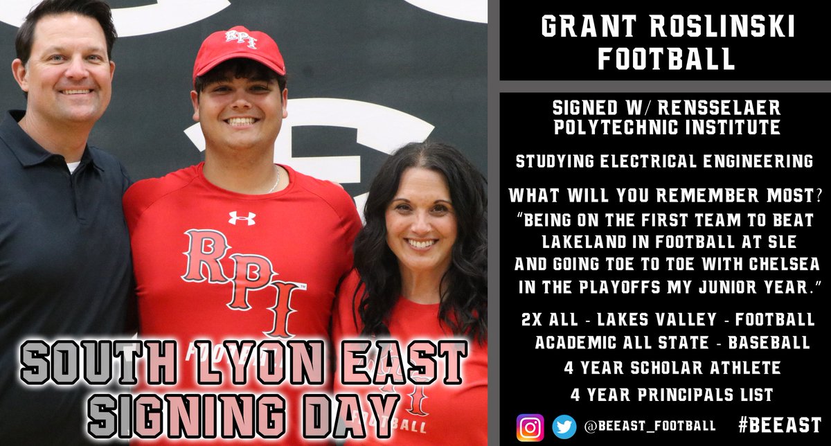 Grant Roslinski (<a href="/RoslinskiGrant/">Grant Roslinski</a>) is off to @RPI to study Electrical Engineering and play for <a href="/RPIFootball/">RPI Football</a>! Grant was two sport varsity athlete while being a scholar-athlete in the the classroom! True definition of what it means to Be EAST! 

#BeEAST | #SigningDay22 | <a href="/LakesVC/">Lakes Valley Conf.</a>