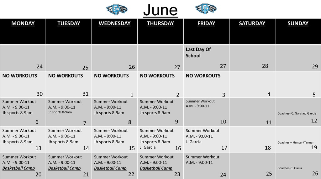 EaglePride247's tweet photo. EAGLE SUMMER WORKOUT SCHEDULE! Please see the attached work out calendar. https://t.co/K96SFE8q0C
