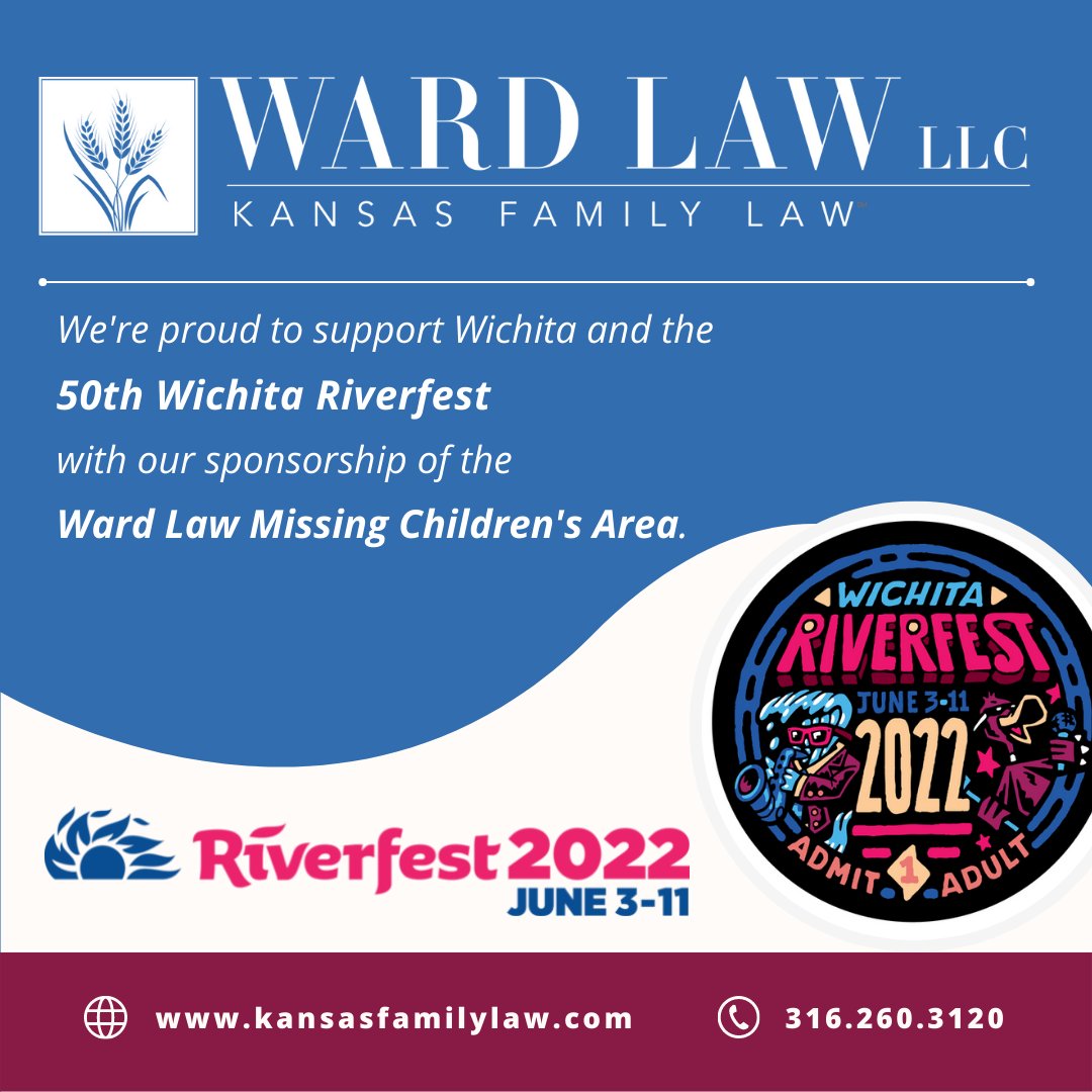 We're proud to support Wichita and the 50th @Riverfest with our sponsorship of the Ward Law Missing Children's Area at the festival which runs June 3-11. Buy a button and enjoy all the Festival has to offer! #Riverfest2022 #50YearsAtTheFest #kansasfamilylaw #kansas #wichita