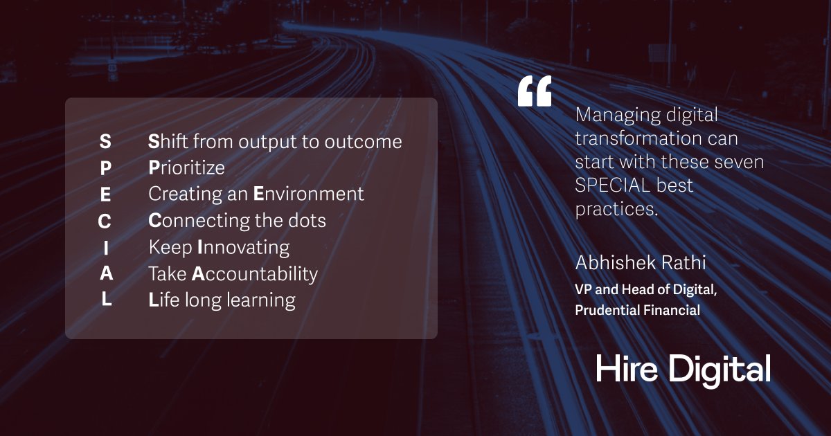HireDigital1's tweet photo. Abhishek Rathi, VP, Digital Solutions &amp; Customer Engagement at Prudential Financial, shares seven SPECIAL best practices for the companies managing change during digital transformation.

#HireDigital #AgileTeams #DigitalLeaders https://t.co/fx9Q5aQ9TR