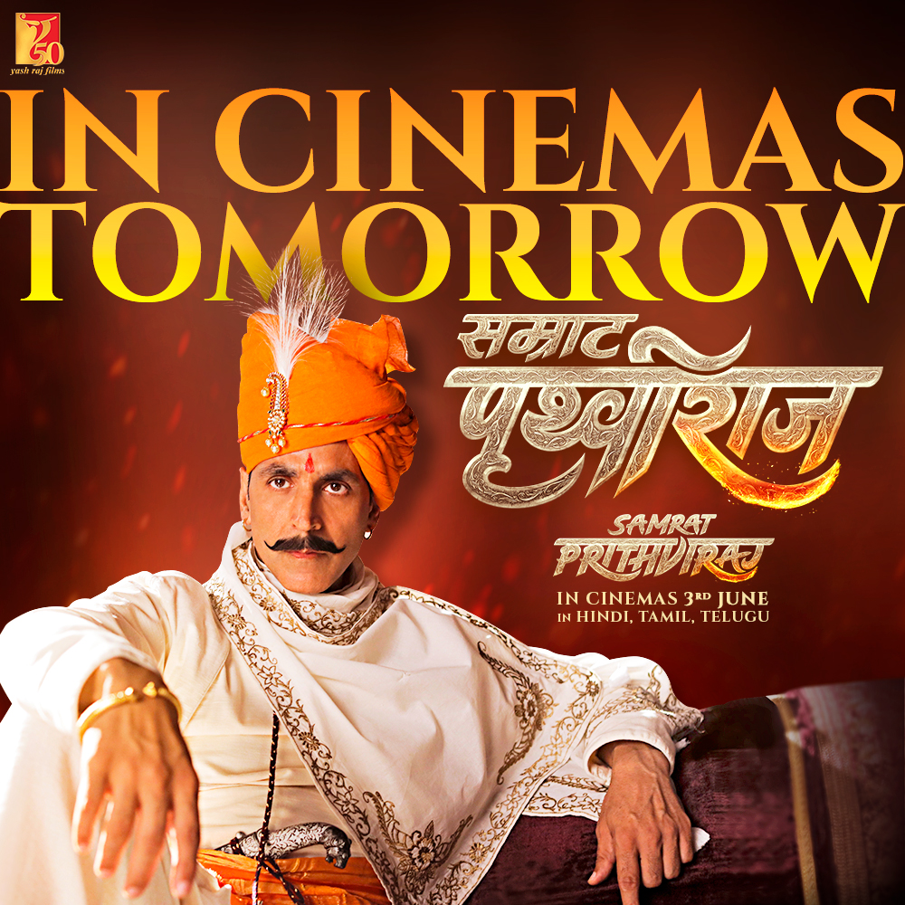 #SamratPrithviraj will inspire you with his triumphs. Coming to cinemas TOMORROW! Book your tickets NOW! m.paytm.me/sprithviraj Releasing in Hindi, Tamil and Telugu. Celebrate #SamratPrithviraj Chauhan with #YRF50 only at a theatre near you!