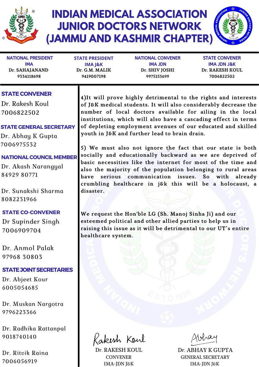 Rakeshkoul1's tweet photo. IMA-JDN J&amp;K requests the Hon'ble LG, Sh. @manojsinha_ Ji, to look into the matter and listen to the genuine demands of JK Medicos!
Requesting all Political Parties to support them.
We will see which party supports us and WHICH DOES NOT!
#HumDekhenge
#NoToAIQ https://t.co/wJ3opAgbF2