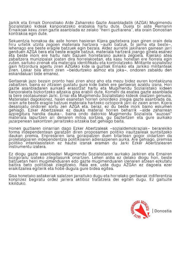 GKS_Donostia's tweet photo. Alde Zaharreko Gazte Asanbladan Mugimendu Sozialistako kideei jarritako beto politikoaren harira: https://t.co/zVe8AuHWo0