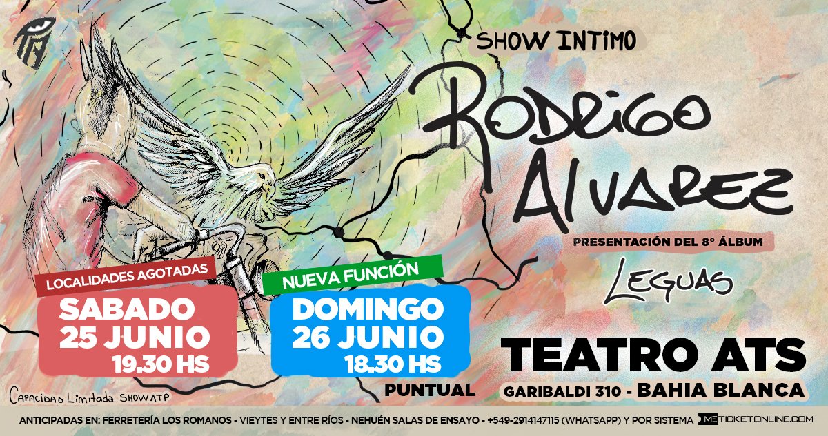 ArielMonges_MS's tweet photo. #RodrigoAlvarez presenta "Leguas", su 8vo álbum en Solitario

NUEVA FUNCIÓN POR LOCALIDADES AGOTADAS
🗓 Domingo 26 de Junio | Teatro ATS | #BahiaBlanca

❗️CAPACIDAD LIMITADA. SHOW ATP.
Anticipadas por sistema Meticket y Puntos de Venta https://t.co/hLAdll86DR