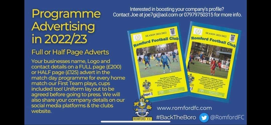 The first <a href="/RomfordFC/">Romford FC</a> sponsorship opportunity available to RT in our current campaign is that of advertising in our popular home match programmes which also has an online pdf version available for distant supporters. Contact details for enquiries are shown in the attached advert.