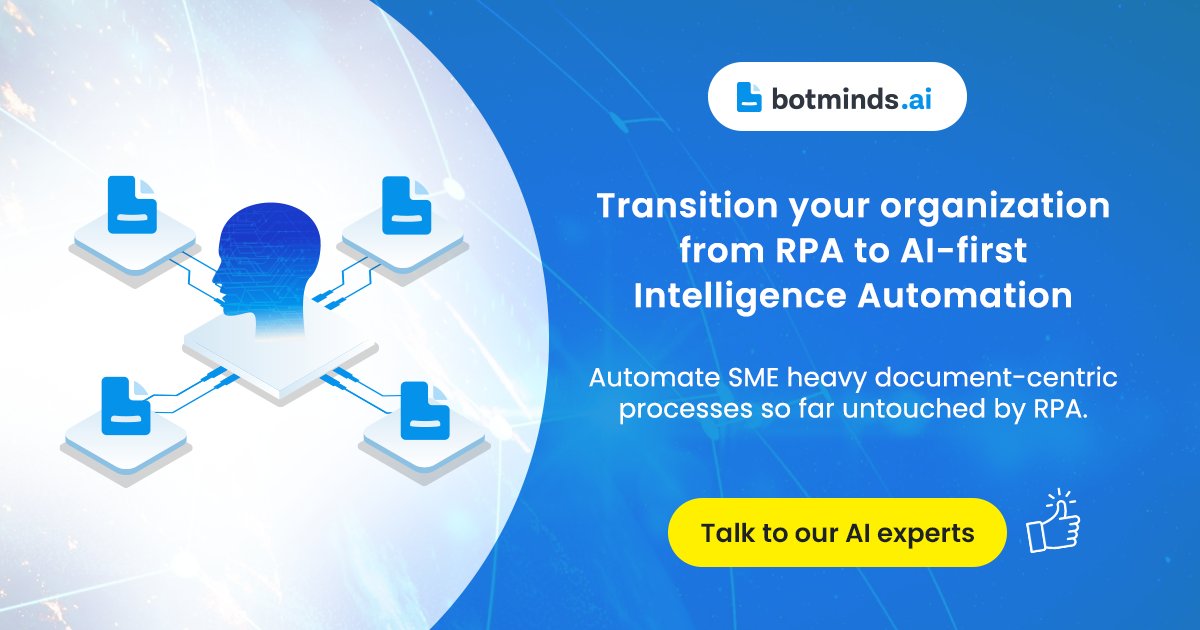 While simple rules-based RPA offers speed and reduced manual intervention, it's not equipped to handle multifarious document-based processes.

Botminds AI can handle it all

#intelligentautomation #rpa #intelligentdocumentprocessing
#automation